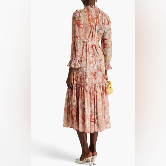 Zimmermann Kaleidoscope Floral-Print Belted Midi Dress in Red Multi Swirl Size 0 - Picture 4 of 11